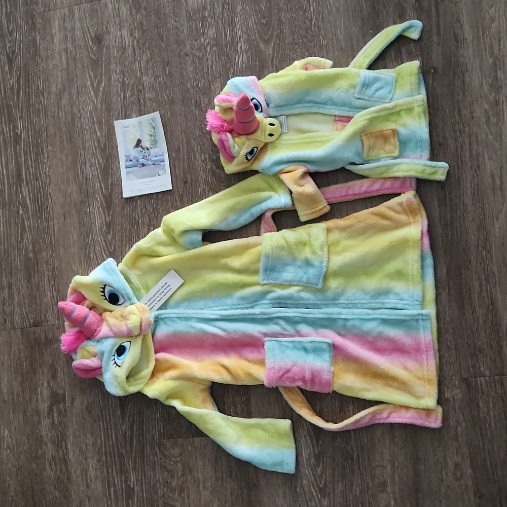 Pink & Yellow Stripe Unicorn Fleece Hooded Robe & Doll Outfit
